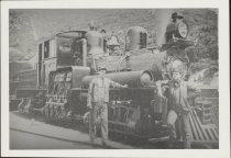 Howard Folker and Roy Graves with Mt. Tamalpais and Muir Woods Railway train at summit of Mt. Tamalpais, 1907