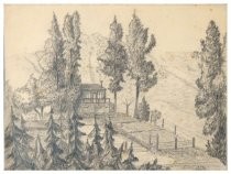 Pencil sketch of a small house with a fenced garden in front