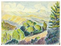 Watercolor of rolling hills and trees across Richardson Bay
