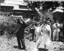 Pick axe and shovel at library ground breaking ceremony, 1965