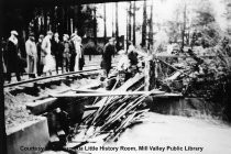 Lumber jammed up at Railroad Bridge, 1937