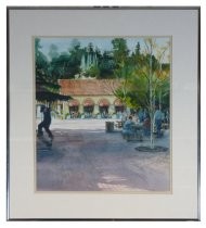 Framed watercolor painting. A view of the former railroad depot and plaza