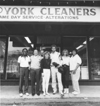 Huey Lewis and staff of York Cleaners, 1988