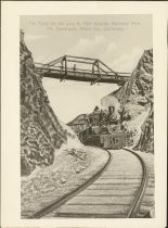 Train passing under bridge on the way to Muir Woods National Park, Mt. Tamalpais, early 1900s