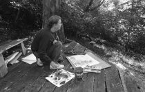 Artist on outdoor deck at the O'Hanlon Center for the Arts, date unknown