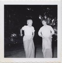 Sally Mead and Ellen Oliveira in sack race, 1956