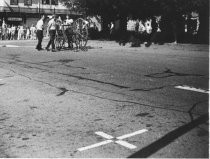 Firemen with hose cart in Mill Valley's 75th Anniversary parade, 1975