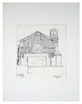 Matted pen and ink drawing of the front of a house located at 7 Heuter Lane, Mill Valley