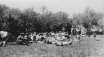 Large group of hikers from the California Alpine Hiking Club at Potrero Meadows, 1923