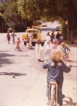 Children on bicycles going to the 1974 Homestead School July 4th Parade