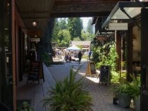 Mill Valley Lumber Yard shops from below walkway, 2019