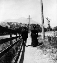 Man and woman walk toward Mt. Tamalpais, date unknown