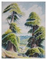 Watercolor of Redwood trees and distant hills