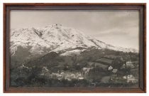Framed black and white photograph of snow-capped Mount Tamalpais
