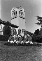 Tamalpais High School cheerleaders in front of clock tower, circa 1968