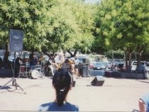 Max Perkoff group performing a concert at the Mill Valley Depot Plaza, 1999