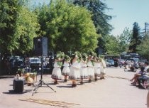 Halau Na Pua O Ka La Akea performing at the Mill Valley Depot Plaza, 1999