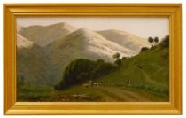 Oil painting depicting rugged hills and a horse drawn wagon