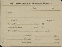 Blank roster for the crew of a run of the Mt. Tamalpais & Muir Woods Railway