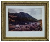 Color photo of a painting of Blithedale Hotel and outbuildings with Mount Tamalpais