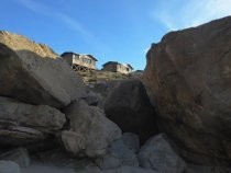 Steep Ravine Cabins from rocks below, 2018