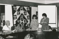 Alison Ruedy addressing panel at Sister City commemoration, circa 1989
