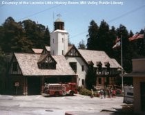 Fire truck at fire station during History Walk, 1982