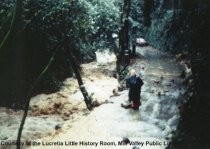 Flood waters coming out of Maytag's Road onto West Blithedale during the storm of January 4, 1982