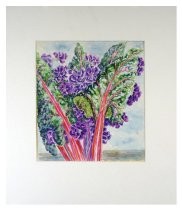 Framed watercolor painting. Depicts purple flowers of red and green foliage