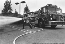 Steve McKeon of Mill Valley Fire Department at Blithedale Plaza, date unknown