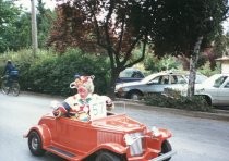 Clown in clown car in the Memorial Day Parade, 1987