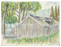 Unframed watercolor painting showing a barn with trees in the background