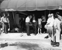 R and M Style Shop, car crash store front damage, 1964
