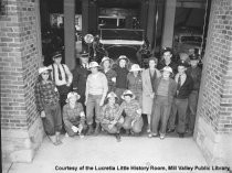 Women training with men firefighters, early 1940s