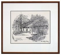 Pen and ink drawing. A view of the front of the Mill Valley Public Library