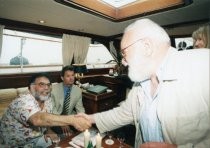 Francis Ford Coppola and Saul Zaentz shaking hands at the MVFF 20th Anniversary Celebration, 1998