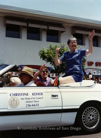 1994 - San Diego LGBT Pride Parade: Contingent - Christine Kehoe (right) first Lesbian elected to San Diego City Council and Her Wife, Julie Warren (center seated in back seat)