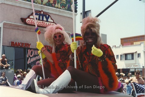 1994 - San Diego LGBT Pride Parade: Turning the corner at Sixth Avenue and University Avenue Parade Route. In front of City Deli, popular LGBT restaurant