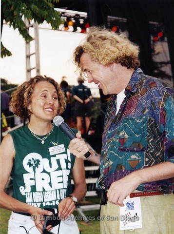 1995 - San Diego LGBT Pride Festival: Brenda Schumacher, S.D. LGBT Pride Entertainment Director (left) Being Interviewed Back Stage.a