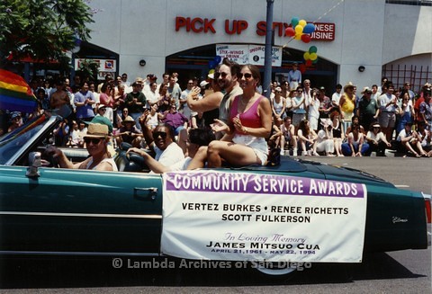 1994 - San Diego LGBT Pride Parade: Contingent - Community Service Award Honorees - Vertez Burks (center sitting down in back seat) Scott Fulkerson (sitting above back seat left) Renee Richetts (sitting above back seat right) James Mitsuo Cua in Memoriam