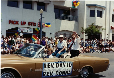 1994 - San Diego LGBT Pride Parade: Contingent - Reverend Donna Eubanks (left) and Reverend David Farrell (right) of M.C.C. San Diego Metropolitan Community Church