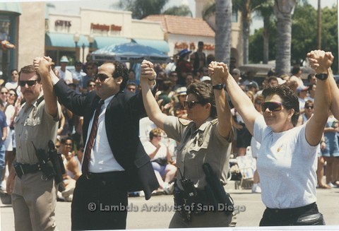 1995 - San Diego LGBT Pride Parade: San Diego Law Enforcement Contingent, Judge David Rubin (center) Surrounded by Two Out LGBT Police Officers