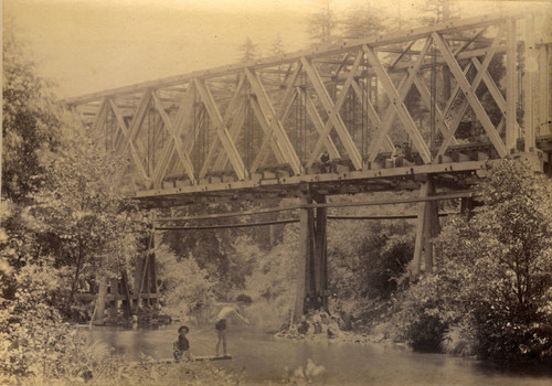 Swimmers at Paper Mill Creek (Laguinitas Creek), under the Irving Railroad Bridge, Taylorville, Marin County, California, 1889 [photograph]