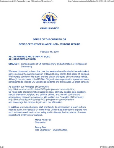 Subject: Condemnation of Off-Campus Party and Affirmation of Principles of Community