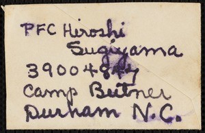Sugiyama, handwritten identification card, North Carolina, Tennessee