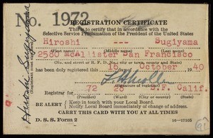 Sugiyama, registration certificate, Selective Service, 1940-10-16