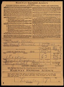 Hiroshi Sugiyama, receipt of shipment, 1943-12-15, to Frank Kimmel via Railway Express Agency