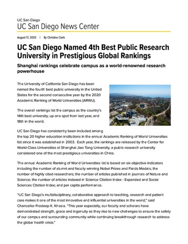 UC San Diego Named 4th Best Public Research University in Prestigious Global Rankings