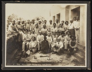 A cabinet card of a group of painters in front of a structure titled "The Men That Painted The Darby," circa 1900s