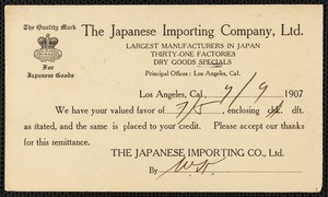 The Japanese Importing Company, Ltd., postal card, 1907-07-09